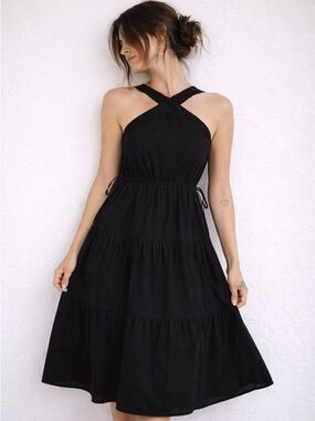 Madewell Poplin Halter Tiered Midi Dress Black Size 4 Summer Vacation Minimalist